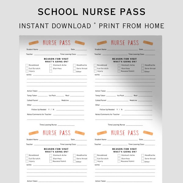 School Nurse Pass - Nurse Pass - Elementary School Nurse Office - School Health Pass - School Nurse Office