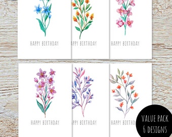 Birthday Card Pack | Value Pack 6 Designed Flower Cards | Happy Birthday Card Set | Blank Inside Ships to You