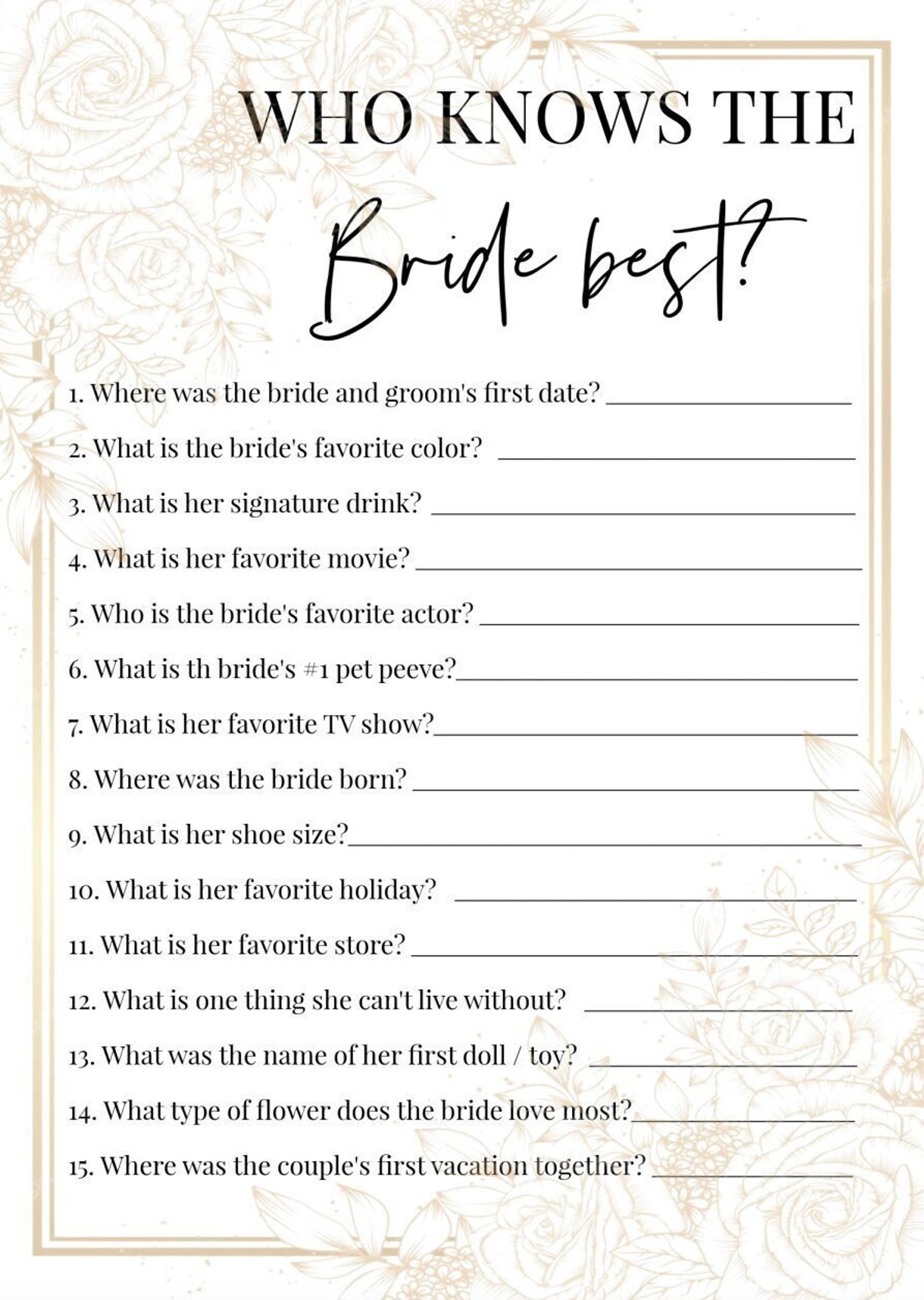 BRIDAL SHOWER Questions for the Bride Games for Bridal Etsy