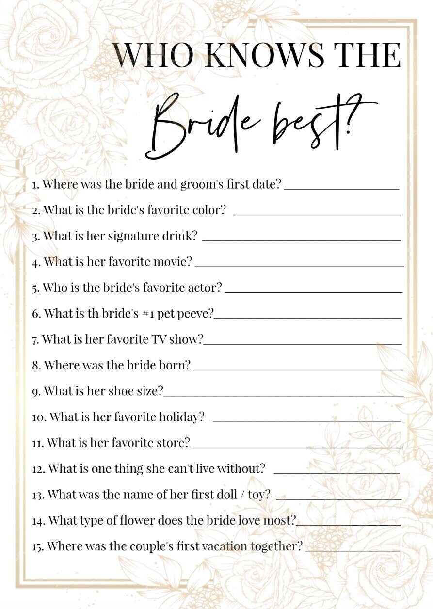BRIDAL SHOWER Questions for the Bride Games for Bridal Etsy
