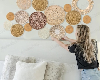 Boho Rattan Collection: 16 Handcrafted Hanging Woven Baskets - Rattan, Straw & Seagrass Wall Decor Set for Living Room, Kitchen, Bedroom