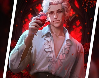 Puede incluir: Un hombre con cabello blanco y ojos rojos sostiene una copa de vino tinto. Lleva una camisa blanca con volantes y un cinturón negro. El fondo es de color rojo oscuro con una ventana de vidriera.