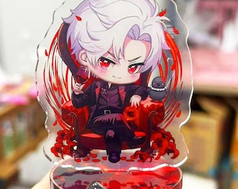 Könnte beinhalten: Ein Anime-Charakter mit weißen Haaren und roten Augen sitzt auf einem roten Thron mit einem schwarzen Vogel, der auf der Armlehne sitzt. Der Charakter hält ein Glas mit roter Flüssigkeit. Der Hintergrund ist ein roter Wirbel mit schwarzen Akzenten.