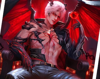 May include: A man with white hair and red eyes sits on a throne with large red wings. He is wearing a black leather jacket and trousers, and has a red gem in his hand.