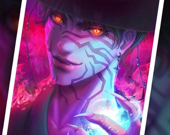 Puede incluir: Impresión de arte digital de una persona con ojos naranja brillante, intrincadas marcas faciales y uñas largas y afiladas. La persona lleva un sombrero y sostiene un orbe azul brillante. El fondo es una mezcla de tonos rosas y morados.
