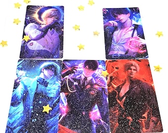 May include: Five cards featuring different characters. Each card has a unique background colour and a distinct character with a unique style. The characters are all male and have varying hairstyles and clothing.