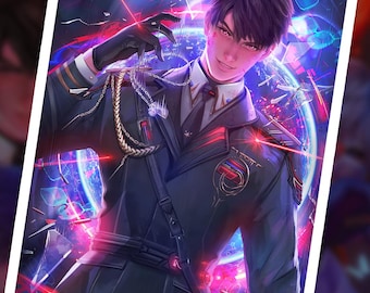 May include: A digital art illustration of a person in a dark blue military uniform with red accents. The person has black hair and is wearing a silver chain necklace. The background is a blur of blue and red lights.