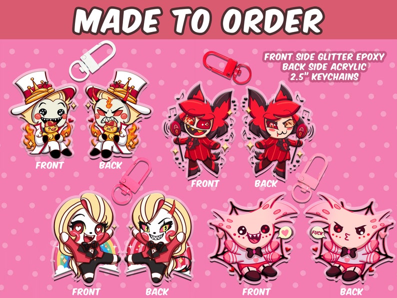 MADE TO ORDER Hazbin Hotel, Lucifer, Charlie, Alastor, Angel Dust keychain charm, acrylic epoxy, gift for anime gamer fanart zdjęcie 1