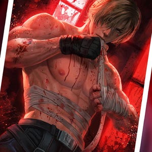 May include: A digital illustration of a blonde character with a muscular build, wearing black fingerless gloves and dark trousers. The character is shirtless, covered in blood splatters, and is wrapping white bandages around their hands and torso.