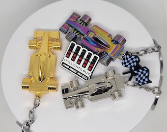 Formula 1 Inspired Metal Keychains and Enamel Pins, Silver, Gold, Oil Slick, Finish Flag