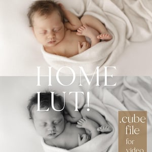 May include: A black and white photo of a newborn baby wrapped in a white blanket. The baby is sleeping peacefully with their arms and legs curled up. The text "HOME LUT! .cube file for video" is visible in the bottom right corner of the image.