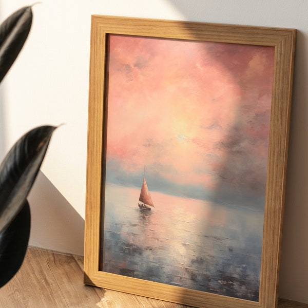 Poster aquarelle bateau sur mer paisible - Téléchargeable - Transcendant, Tranquille, Ethéré, Ciel Marin inspiré de J.M.W. Turner