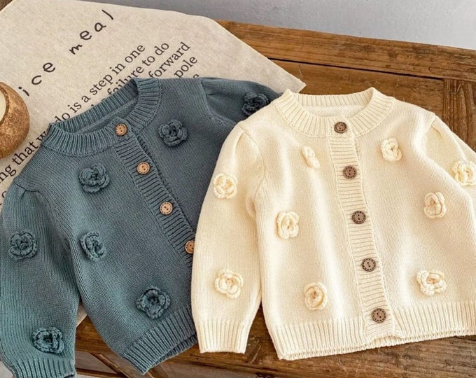 Baby girl and toddler Cardigan with 3D flower embroidery available in Duck Egg Blue and Cupcake Cream (The Grey)