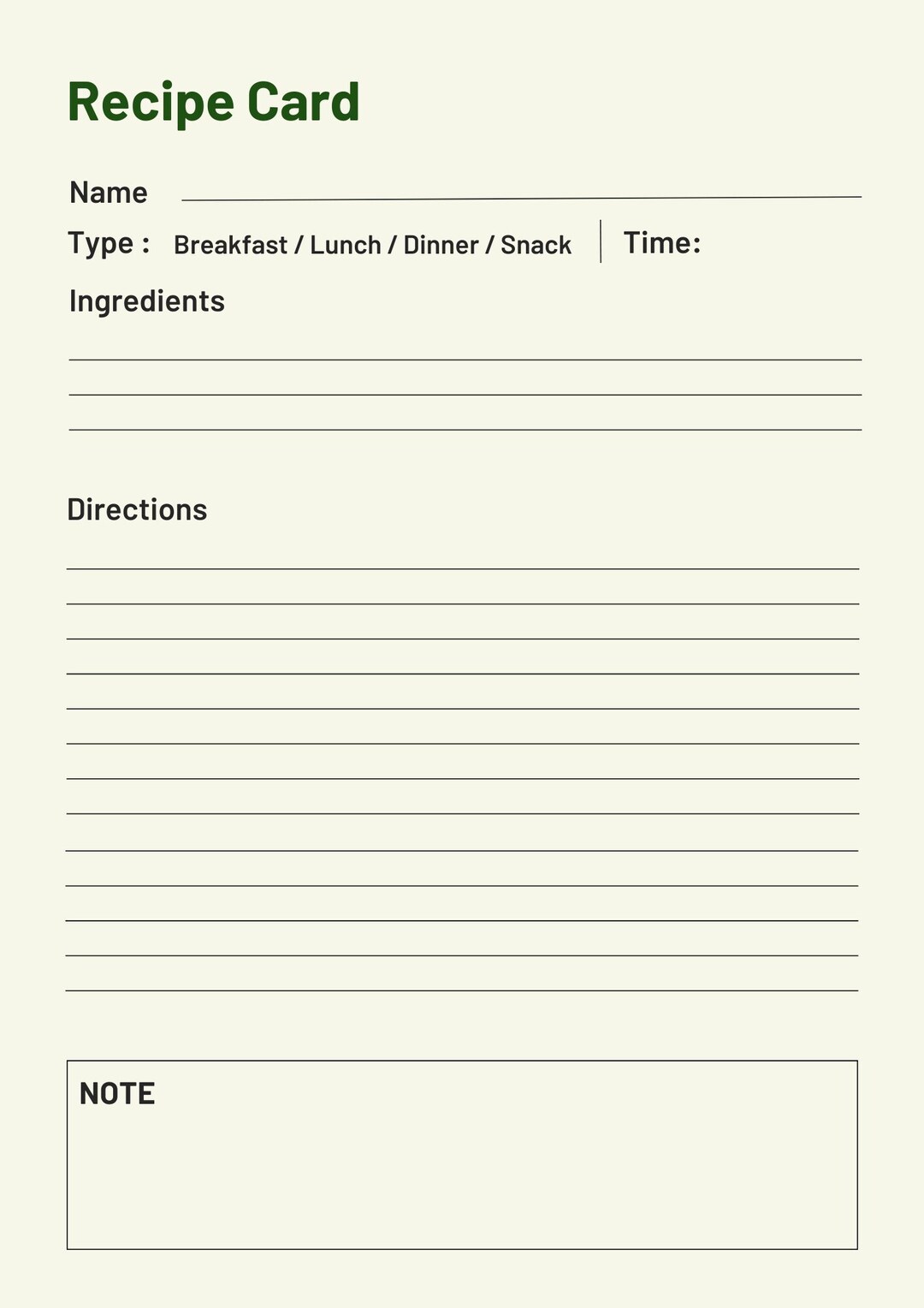 Minimal Recipe Card Recipe Card Printable Instant Download - Etsy