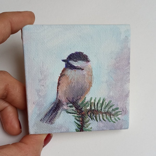 Petite peinture d'oiseau, tableau original animalier miniature