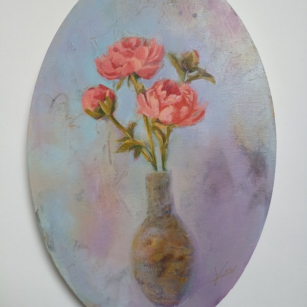 Peinture florale nature morte à l'huile, tableau ovale pour décorer une cuisine