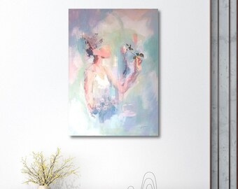 Abstract painting with light and subtle colors vertical format