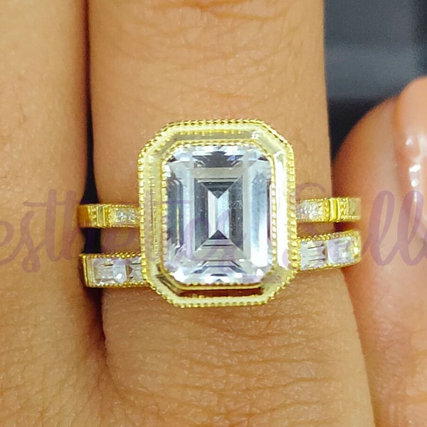 Bridal Engagement Ring Set, 3.00 Ct Emerald Cut White Moissanite, Solitaire Wedding Ring Set, Solid 10K Yellow Gold, Full Eternity Band Ring