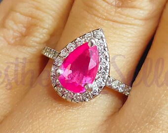 2.30 Ct Pear Cut Pink & White Sapphire, Halo Style Wedding Engagement Ring, Solid 10k White Gold, Bridal Promise Jewelry, Women's Gift Ring