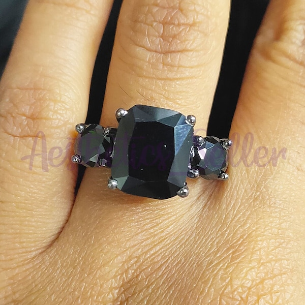 Three Stone Engagement Ring, 4 Ct Cushion & Round Cut Black Sapphire, 925 Sterling Silver, Black Rhodium Plated, Wedding Anniversary Ring