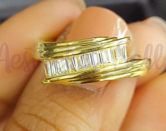 Solid 10K Yellow Gold, Vintage Baguette Cut White Sapphire, Bypass Engagement Wedding Ring, Channel Set, Promise Gift Ring, Unisex Jewelry