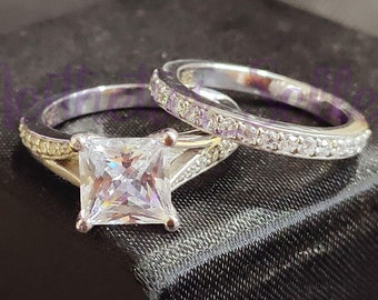 Bridal Wedding Ring Set, 2.60Ct Princess Cut White Moissanite, Solitaire Engagement Anniversary Ring Set,Solid 10K White Gold, Matching Band