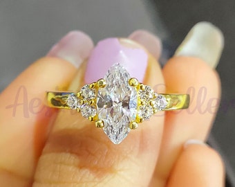 10K Yellow Gold Marquise Moissanite Solitaire Ring, Cluster Accent