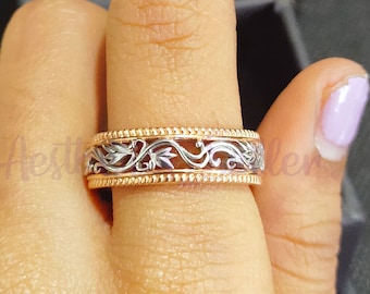 Wide Sterling Silver Wedding Band, Filigree Floral Ring, Two Tone Gold Finish