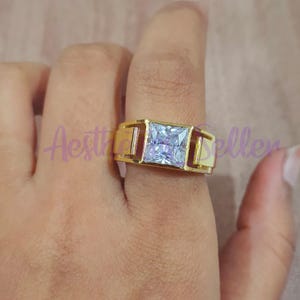 Men&#39;s Wedding Band Ring, 2.50 Ct Princess White Moissanite, 14k White Gold Finish Silver, Bezel Set Solitaire Pinky Engagement Band Ring