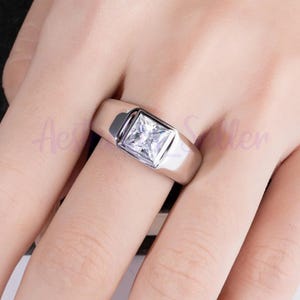 2.00 Ct Princess Cut White Moissanite, Men&#39;s Solitaire Wedding Engagement Ring, Solid 10K White Gold, Bezel Set Promise Ring, Gift For Him