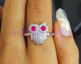 White Sapphire Owl 3D Ring .925 Sterling Silver - Etsy White Sapphire Owl 3D Ring .925 Sterling Silver display picture 1