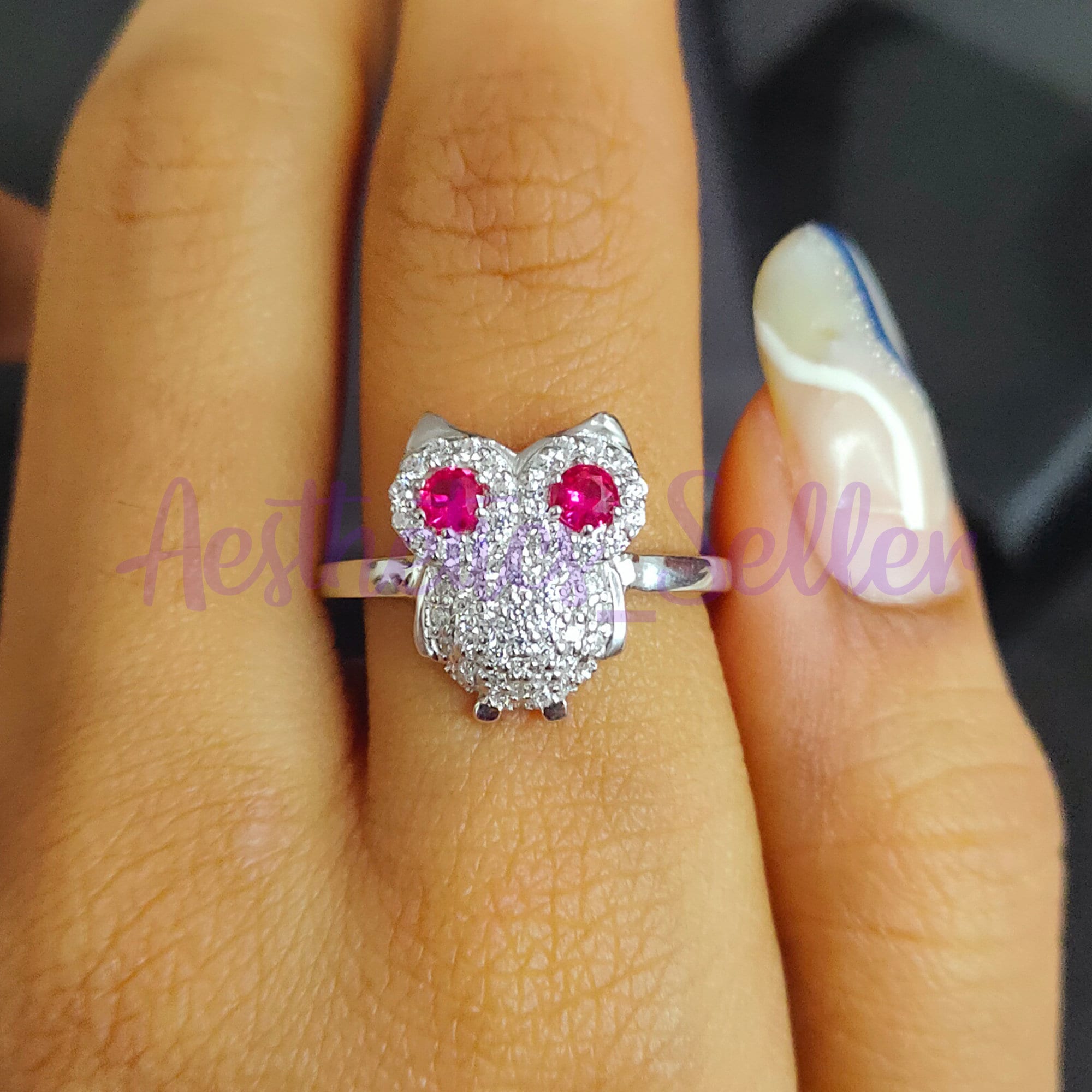 Sterling Silver Owl Ring with Red Eyes, Animal Jewelry