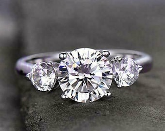 Moissanite Three Stone Wedding Ring: 10K White Gold Trilogy Engagement