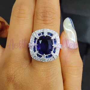 3.50 CT Cushion Cut Blue & White Sapphire, Vintage Art Deco Engagement Ring, 925 Sterling Silver, Women&#39;s Promise Anniversary Gift Ring