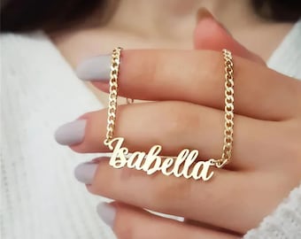 Gold Name Necklace, Personalized Necklace, Cuban Chain Necklace, Name Plate Necklace- Custom Name Necklace- Gift for Her