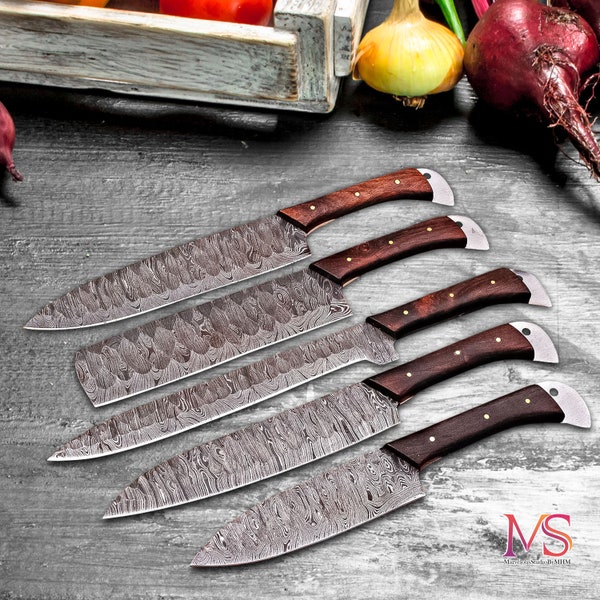 Handmade Damascus steel BBQ Knife Set Hand Forged Damascus Chef Set Kitchen Knives by MarvelousStudio.