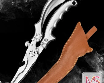 Updated Chicken Bone Kitchen Shears Stainless Steel Kitchen Scissors Fish Cutter Fish Scissors  Clean Cook Scissors Knife with Leather cover