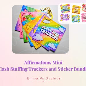 Op de afbeelding: Een bundel kleurrijke affirmatie trackers en stickers. De trackers hebben regenboogontwerpen met tekst als "Cloud Nine Trackers". Stickers bevatten zinnen als "You Got This" en "I Choose Me Every Time."