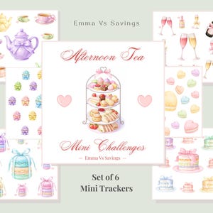 Op de afbeelding: Waterverfillustraties van theesets, champagneglazen, taarten en macarons. De centrale afbeelding toont een etagère met gebak. Tekst: "Afternoon Tea" en "Mini Challenges". Set van 6 mini trackers.