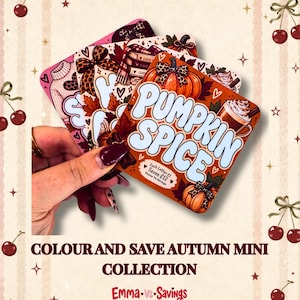 May include: A set of square cards featuring autumn-themed illustrations including pumpkins, a coffee cup, and fall leaves. The top card displays the text PUMPKIN SPICE in large white letters, with smaller text reading Each Letter £1 Saves £12.