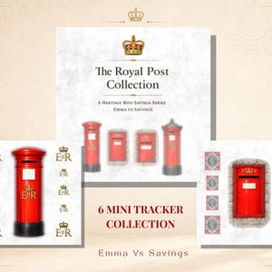 May include: An image showcasing a collection of six miniature red post boxes. The text reads "The Royal Post Collection" and "6 Mini Tracker Collection." The post boxes feature the ER royal cipher, and the text "Emma Vs Savings" is also present.