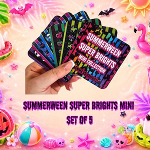 May include: A set of five rectangular cards titled Summerween Super Brights Mini Collection, featuring vibrant neon striped backgrounds and various small graphic icons. The cards are held in a fan shape, displaying bold text and colorful patterns.