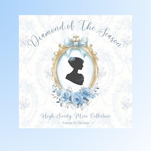 May include: An image featuring a gold framed silhouette of a woman, with the text "Diamond of The Season" and "High Society Mini Collection". The design incorporates blue floral elements and a bow.