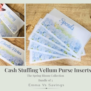 Op de afbeelding: Vellum portemonnee-inzetstukken voor cash stuffing, met bloemmotieven. De inzetstukken tonen de woorden "Shopping", "Spends" en "Charlie Notes". De inzetstukken zijn versierd met blauwe en witte bloemen.