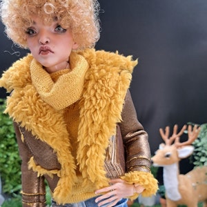 May include: A doll wearing a brown and gold faux fur jacket with a yellow turtleneck sweater and blue jeans. The doll is holding a book and standing in front of a background with fall foliage and pumpkins.