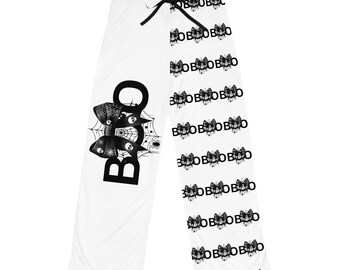 Pantalones de pijama en blanco y negro: ropa de estar por casa acogedora para Halloween para mujer
