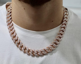 Premium VVS Moissanit 925 Silberkette, 12 mm Miami Iced Out kubanische Gliederkette, Hip Hop Men Schmuck Pass Diamant Test, Geschenk der Männer Kette