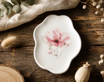 Trendiges Tablett im Wellen-Design für Kerzen/Tassen/Gläser/Schmuck aus Gießkeramik im Boho Stil | Mit Blumendekor | Modell "Nami"