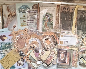 150 piezas de materiales vintage para scrapbooking y diario: papel de diseño, efímeras, pegatinas, troqueles, postales | Bolsa sorpresa