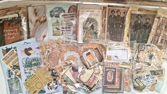 150 Teile Vintage Scrapbooking/Journaling Material: Design Papier, Ephemera, Sticker, Die Cuts, Postkarten | Mystery Grab Bag, Wundertüte